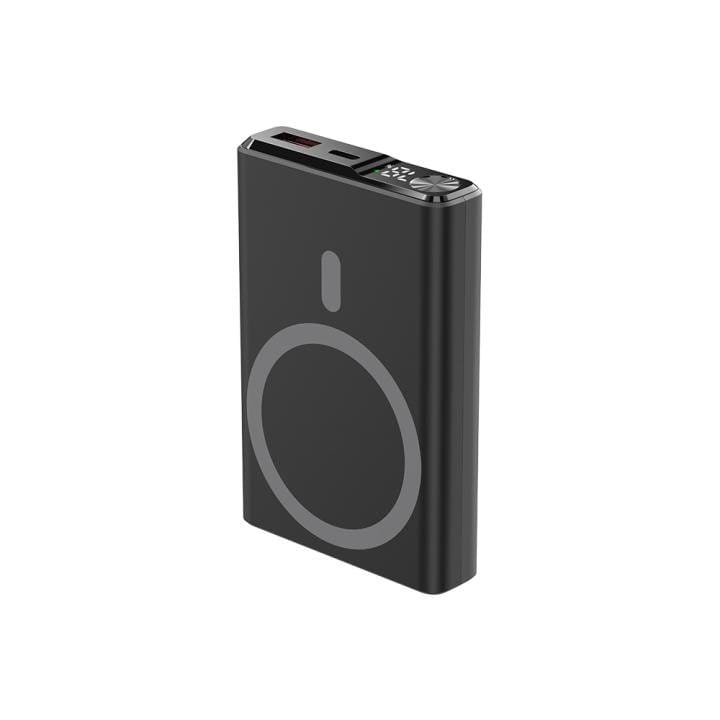 Zwarte draadloze MagSafe-powerbank met display en USB-poorten