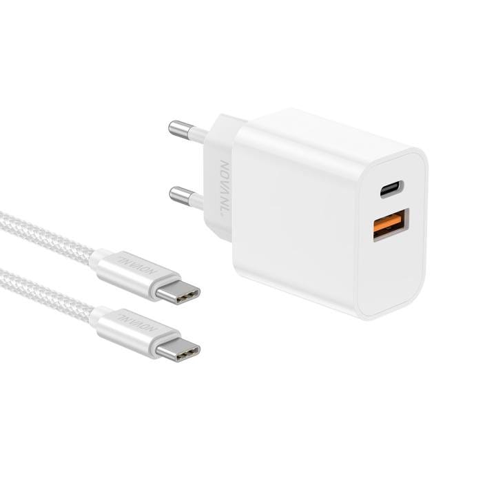 Witte snellader met USB-C- en USB-A-poort inclusief USB-C-kabel